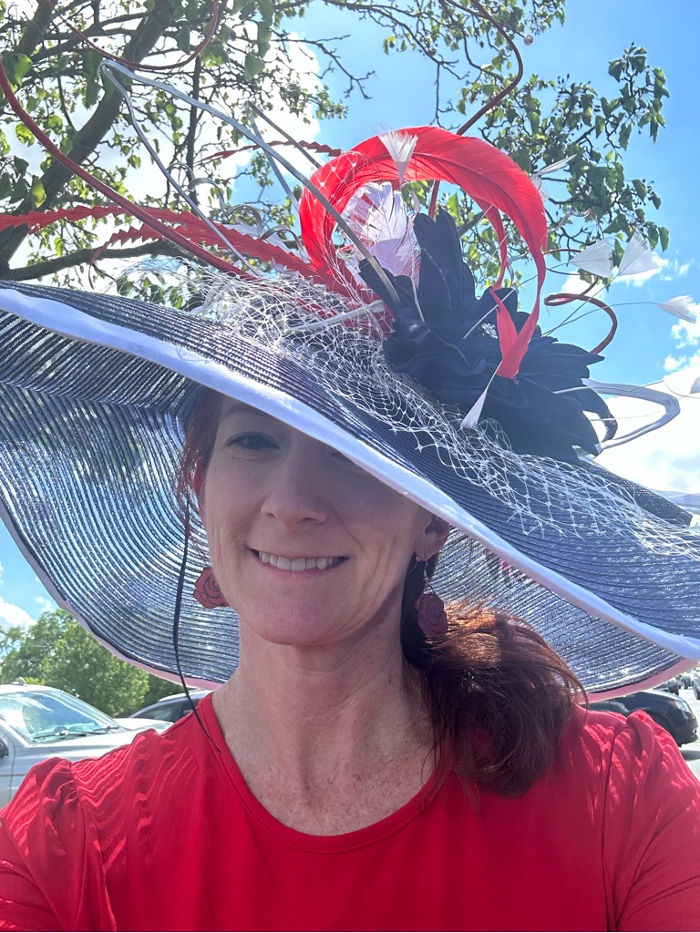 Navy Wide-Brim Hat With Red Feather Accents